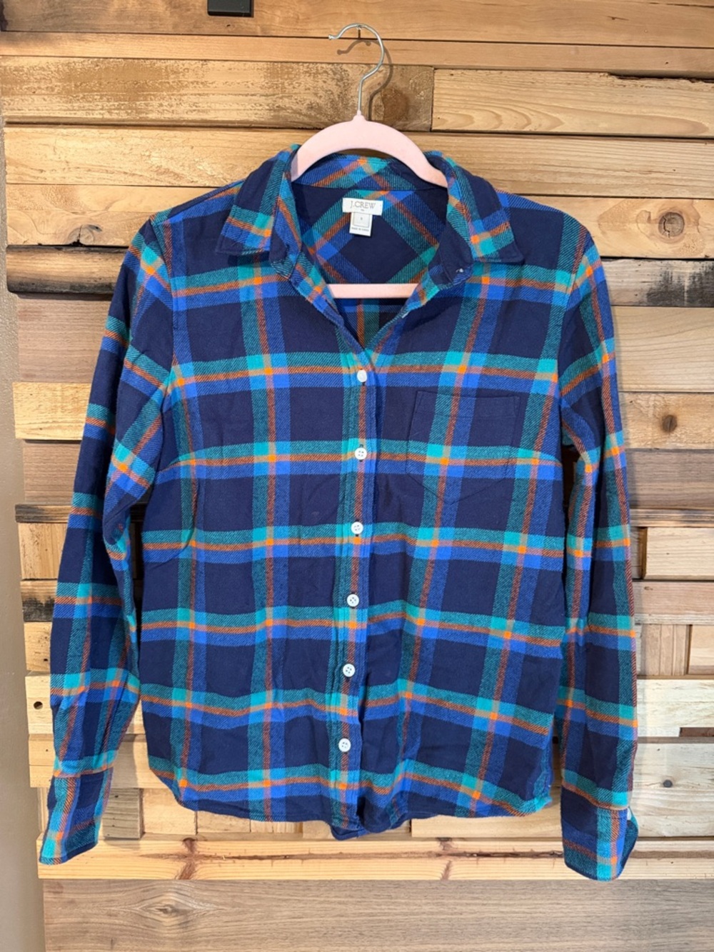 J. Crew Blue Plaid Button-Down Shirt with Teal and Orange Stripes